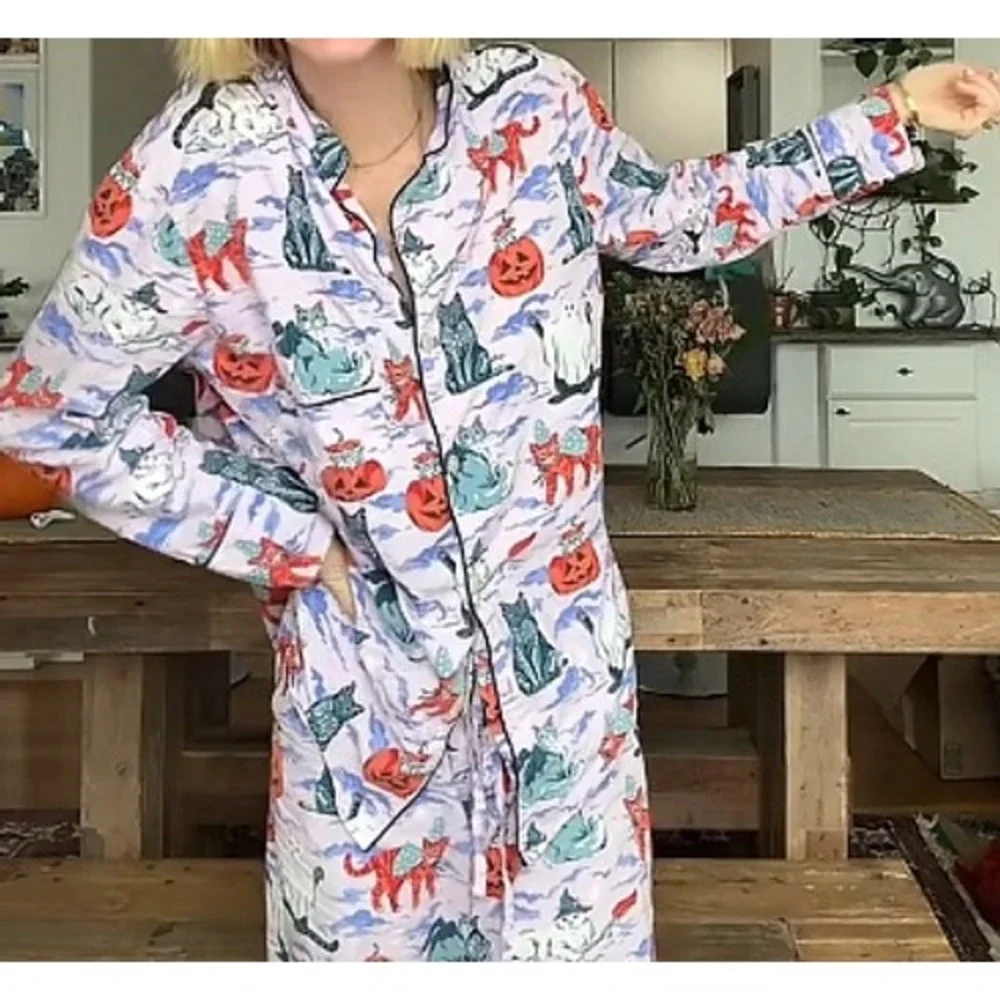 Printfresh Halloween Cats Lavender Pajama Set 1X Long Sleeve Cotton Poplin